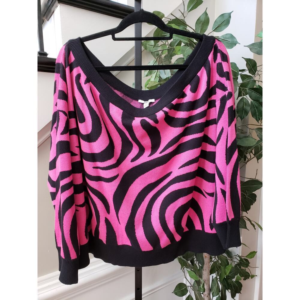 Bar III Sweater Women's 4X Pink Black‎ Zebra Print Off Shoulder Long Sleeve